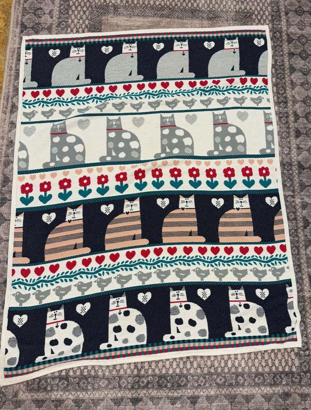 Cat Throw Blanket Vintage 1989 Retro Kitty Folk Art